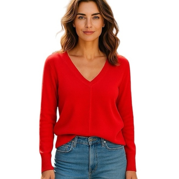MICHAEL STARS X-TRA FINE WOOL/CASHMERE SWEATER Red V-Neck Seamed w Polo Sleeves - Picture 1 of 11